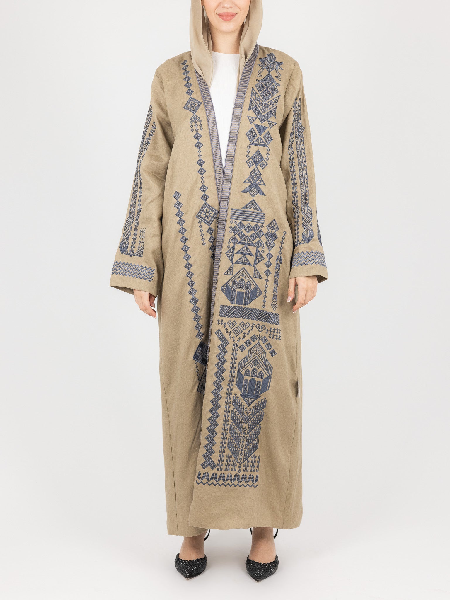 Camel Contrast Embroidered Abaya