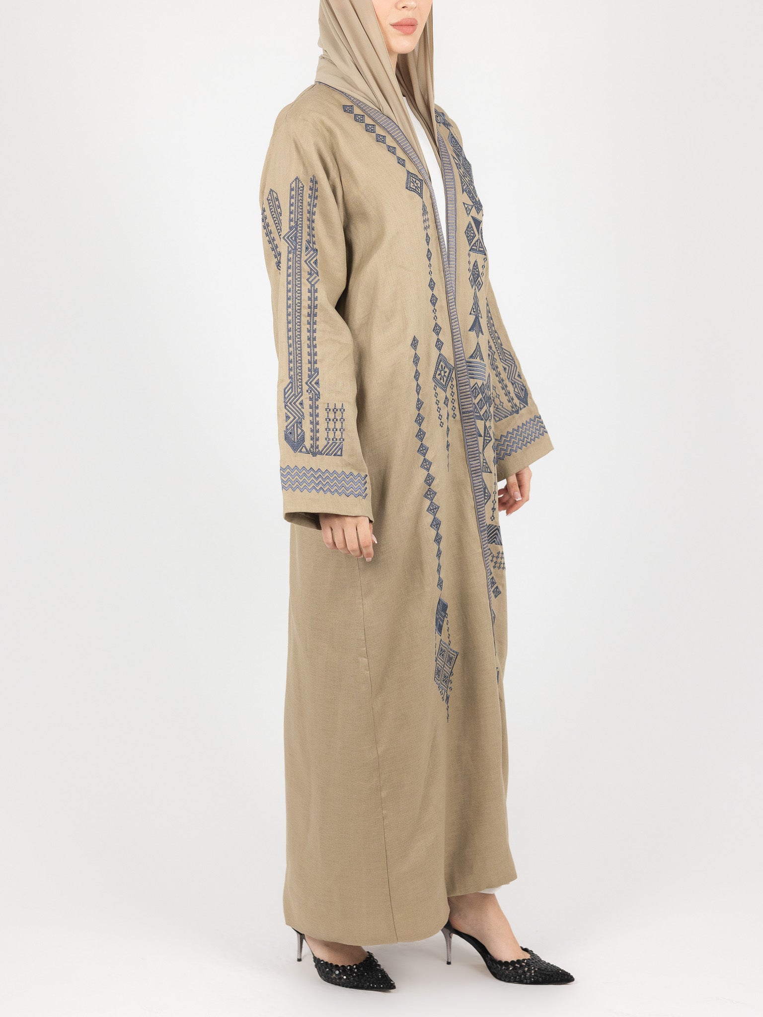 Camel Contrast Embroidered Abaya