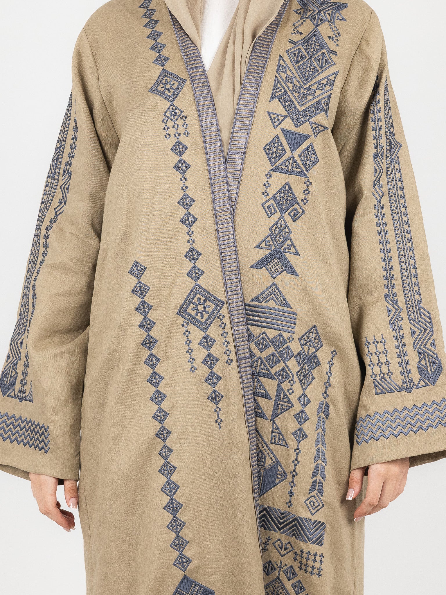 Camel Contrast Embroidered Abaya