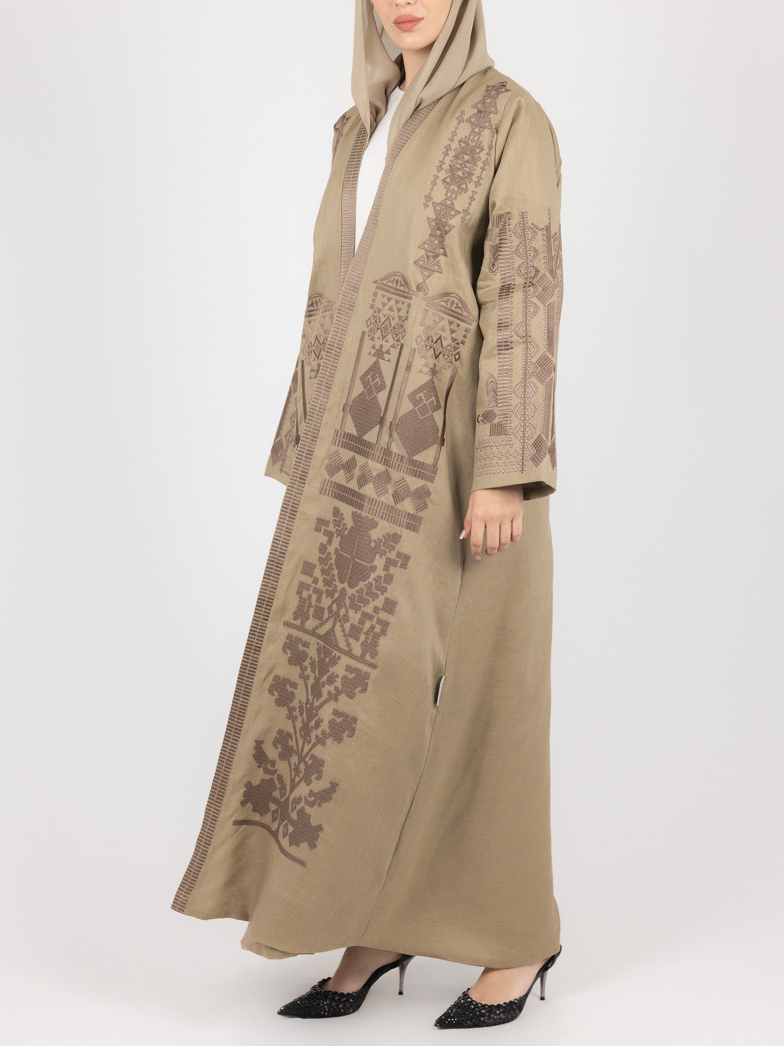 Khaki Contrast Embroidered Abaya