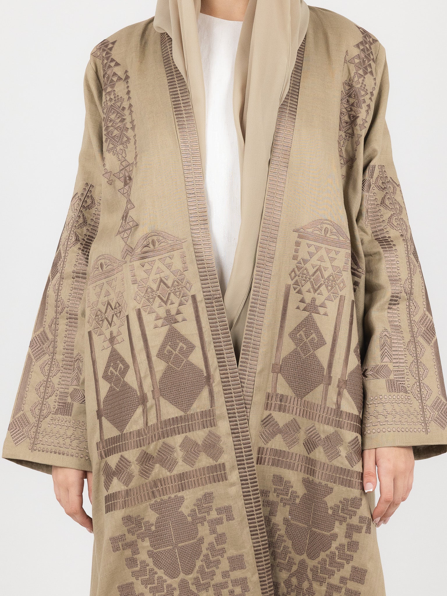 Khaki Contrast Embroidered Abaya